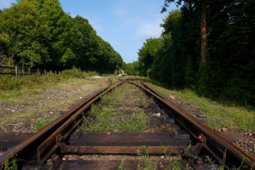 Old train tracks at Boscarne Junction, near Bodmin on the Bodmin and Wenford Railway which operates a heritage service running old steam trains. Boscarne Junction is a terminus and services run to Bodmin Parkway. The Camel Trail between Bodmin and Wadebridge runs alongside.